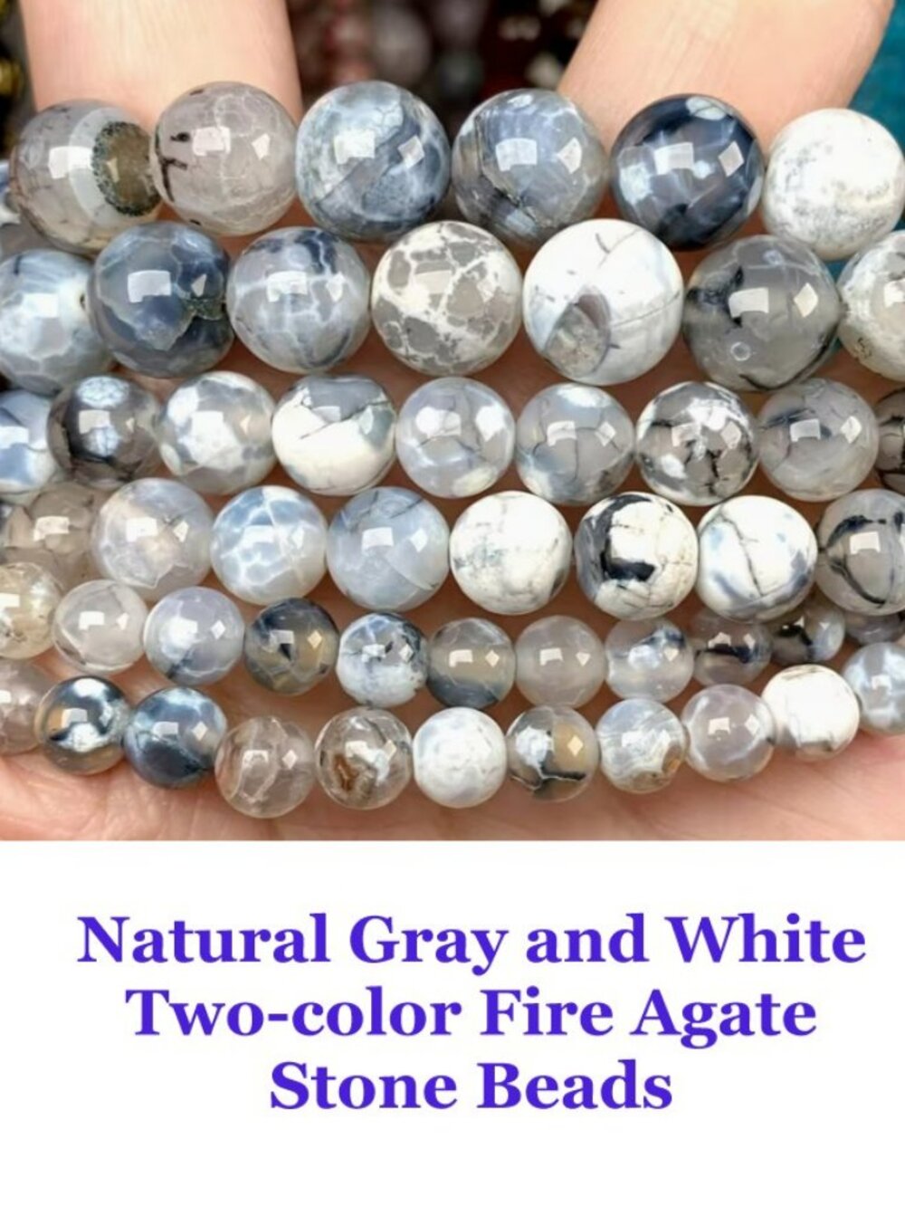 Natural Gray and White Two-color Fire Agate Stone Beads 8mm  15" Strand